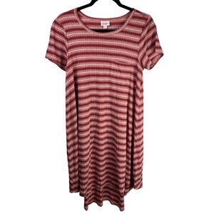 LuLaRoe Carly Dress Red White Striped Ribbed Knit Pocket Casual Medium